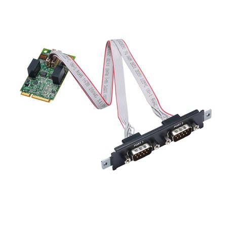 Moxa CP-114N-I-T 4-port serial card with black DB9 adapters and ribbon cable on green PCB