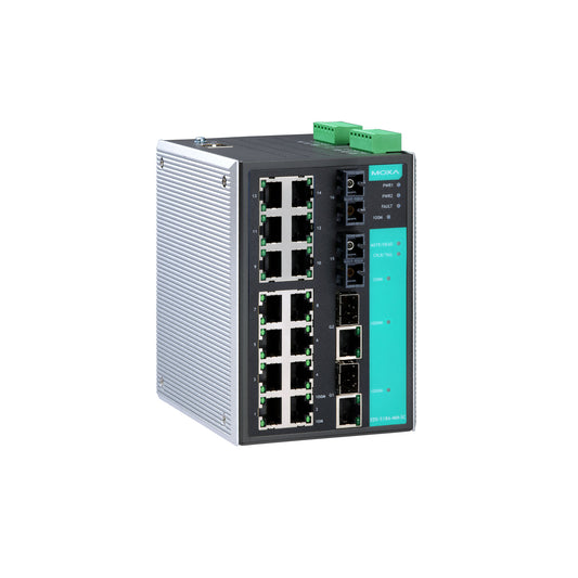 Moxa EDS-518A-MM-SC-T | Managed Gigabit Ethernet Switch with 14x 10/100BaseT(X), 2x 100BaseFX MM SC, 2x combo 10/100/1000BaseT(X)/1000BaseSFP | Temp -40–75°C