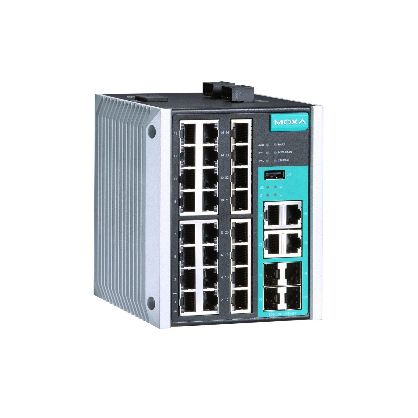 Moxa EDS-528E-4GTXSFP-LV Managed Gigabit Ethernet Switch With 24 10/100Baset(X) Ports, 4 10/100/1000Baset(X) Or 100/1000Basesfp Ports, Dual 12/24/48/-48 Vdc Power Inputs, -10 To 60 C Operating Temperature