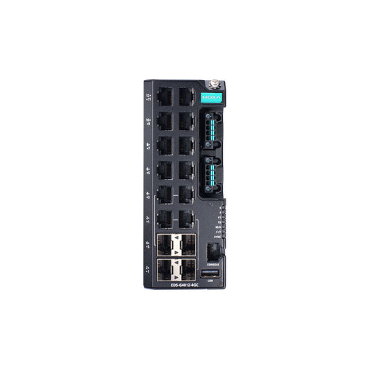 Moxa EDS-G4012-8P-4QGS-LVA-T Managed Full Gigabit Ethernet Switch With 8 10/100/1000Baset(X) Ports With 802.3Bt Poe, 4 1000/2500Basesfp Ports, Dual Power Supply 12/24/48 Vdc, 48 Vdc For Poe, -40 To 75 C Operating Temperature