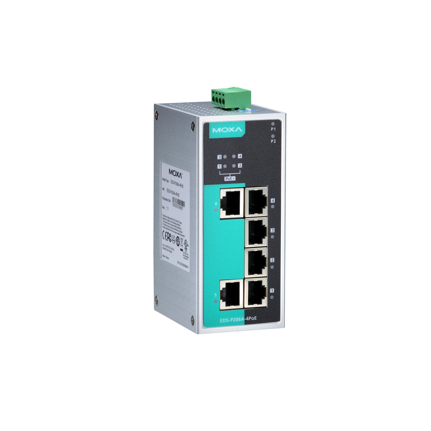 Moxa EDS-P206A-4PoE-M-SC Unmanaged Ethernet Switch With 1 10/100Baset(X) Ports, 4 Poe Ports, And 1 100Basefx Multi-Mode Port With Sc Connector, -10 To 60 C Operating Temperature