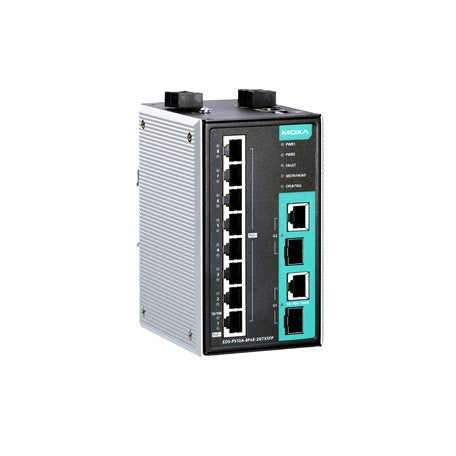 Moxa EDS-P510A-8PoE-2GTXSFP-T Managed Gigabit Ethernet Switch With 8 Poe/Poe+ 10/100Baset(X) Ports, 2 Combo 10/100/1000Baset(X) Or 100/1000Basesfp Slots For Adding Sfp-1G/1Fe Series Gigabit/Fast Ethernet Modules, -40 To 75 C Operating Temperature