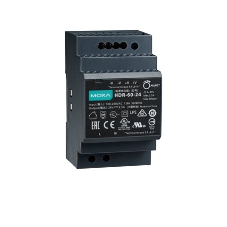 Moxa HDR-60-24 | 60W 2.5A DIN-Rail 24VDC Power Supply, Universal 85-264VAC/120-370VDC Input, -30 to 70°C, Slim Form Factor