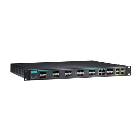 Moxa ICS-G7528A-4XG-HV-HV-T black rack-mount L2 Gigabit switch with teal logo