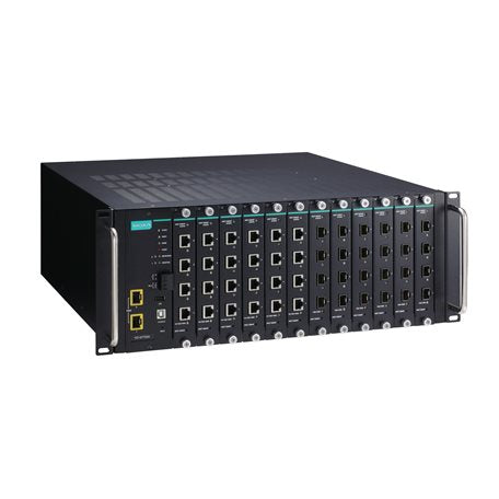 Moxa ICS-G7750A-2XG-HV-HV black Gigabit switch with teal accent and Ethernet ports
