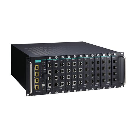 Moxa ICS-G7752A-4XG-HV-HV black rack-mount Gigabit switch with ports and lights