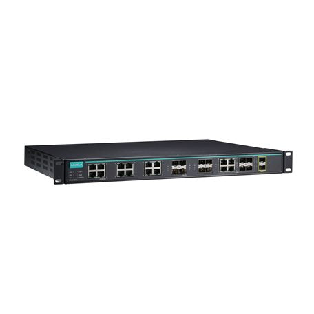 Moxa ICS-G7826A-2XG-HV-HV-T black L3 Gigabit managed switch with teal logo