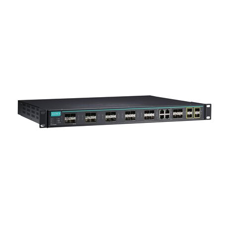 Moxa ICS-G7828A-4XG-HV-HV-T L3 Gigabit managed switch, black rack-mount with teal logo