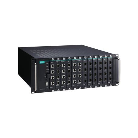 Moxa ICS-G7848A-HV-HV black Layer 3 switch with teal logo and Gigabit ports
