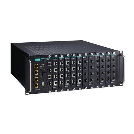 Moxa ICS-G7852A-4XG-HV-HV L3 switch with black rack-mount chassis, Ethernet ports, yellow fiber optics