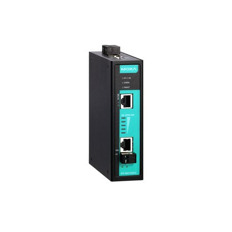Moxa IEX-402-SHDSL-T black switch with teal panel and RJ45 ports
