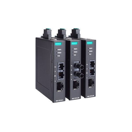 Moxa IMC-P21A-G2-M-ST | PoE+ Industrial 10/100Base-T(X) to 100Base-FX Media Converter, Multi-Mode ST Connector, -10 to 60°C Temp Range