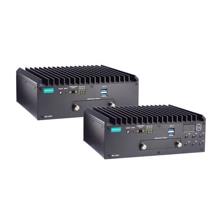 Moxa MC-3201 black industrial PC with ribbed heatsink, ports, Siemens logo