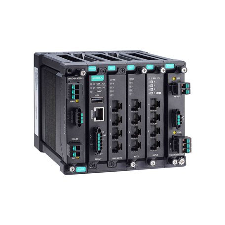 Moxa MDS-G4012-L3 layer 3 gigabit switch with teal lights and ports