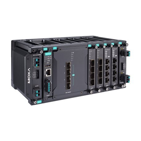 Moxa MDS-G4020-4XGS-T black industrial Gigabit switch with teal ports
