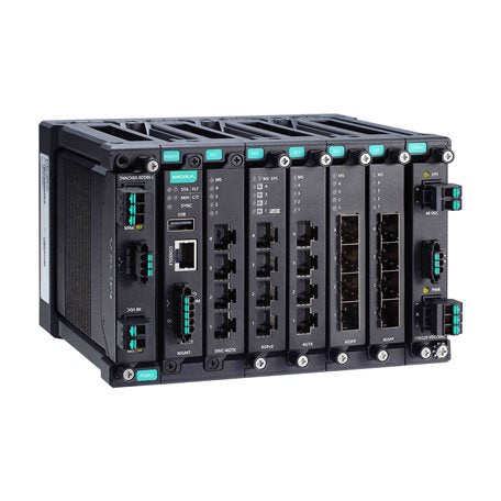 Moxa MDS-G4020 black industrial switch with teal ports, rugged chassis