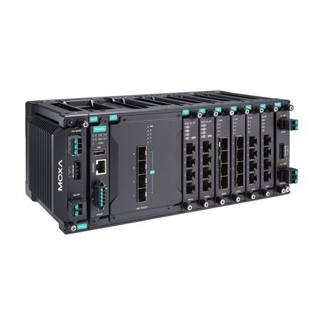 Moxa MDS-G4028-4XGS-T black Gigabit switch with teal lights, 10G SFP+ ports