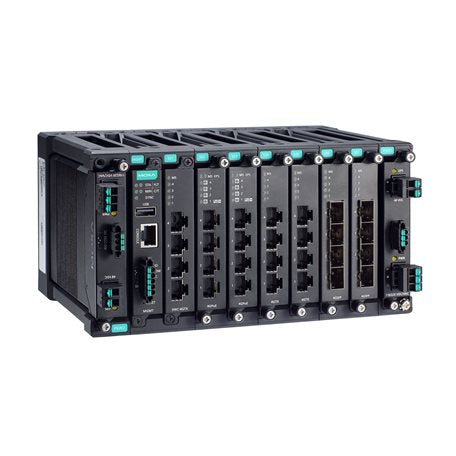 Moxa MDS-G4028-L3 layer 3 gigabit switch with teal labels