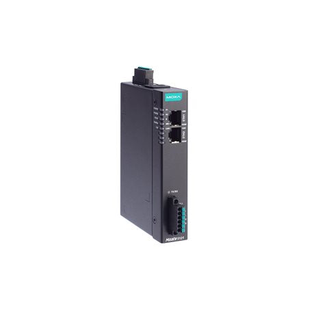 Moxa MGate 5121-T/KC black industrial Ethernet switch with teal branding