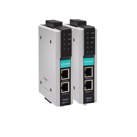 Two Moxa MGate-MB3170 silver Ethernet switches with teal labels and ports