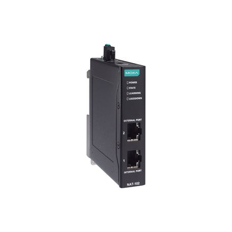 Moxa NAT-102 black industrial NAT device with 2 Ethernet ports and fiber input