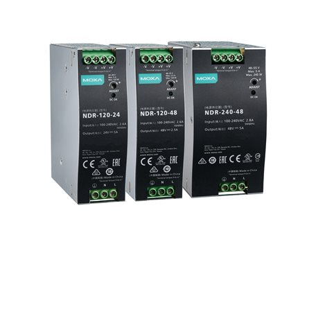 Moxa NDR-240-48 | 240W 48VDC DIN-Rail Power Supply, 5.0A, Universal 90-264VAC/127-370VDC Input, -20 to 70°C Operating Temp