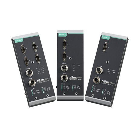 Three Moxa NPort 5150AI-M12-T black industrial serial device servers with M12 ports