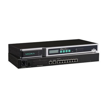 Black Moxa NPort 205E Ethernet switch with display and ports, NM-TX01-T module