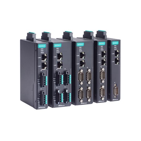 Moxa NPort IA5250 G2 serial device server with black switches and teal ports