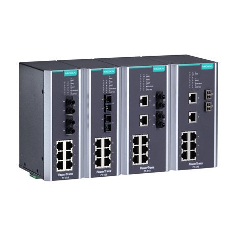 Four Siemens PT-108 black silver industrial Ethernet switches with multiple ports