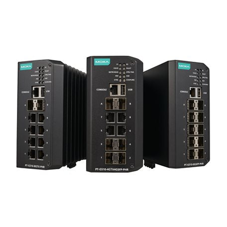 Moxa PT-G510-4GTX4GSFP-PHR-HV | IEC 61850-3 Layer 2 Managed Ethernet Switch, 4 100/1000BaseT(X), 6 100/1000Base SFP, Dual Power 88-300VDC/85-264VAC, -40 to 75°C