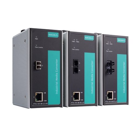 Moxa PTC-101-M-ST-HV | Industrial 10/100BaseT(X) to 100BaseFX Media Converter, Multi-Mode ST Connector, 88-300 VDC/85-264 VAC, -40 to 85°C