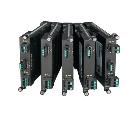 Moxa PWR-HV-P48 module rear with black NICs, green ports, wheels
