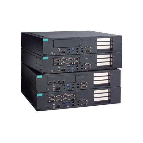 Stack of four Moxa RKP-C220-C9-2CB6C-T industrial servers with ports and vents