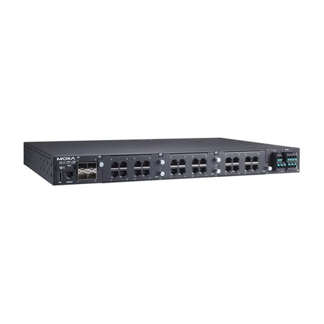 Moxa RKS-G4028-4GS-2HV-T black industrial switch with Ethernet ports