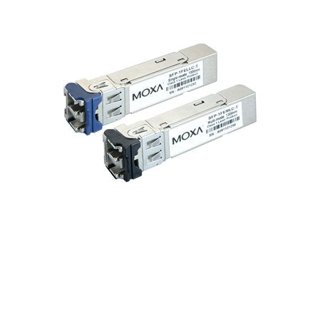 Two Moxa SFP transceivers: blue LC and black LC, 100Base single-mode 80km