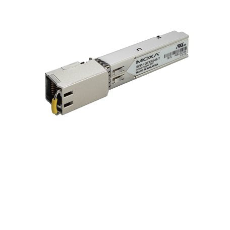 Silver Moxa SFP-10G-SR transceiver with yellow cap, 10G module view