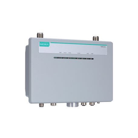 Gray Moxa TAP-213-EU-CT-T network switch with ports, sleek rectangular design