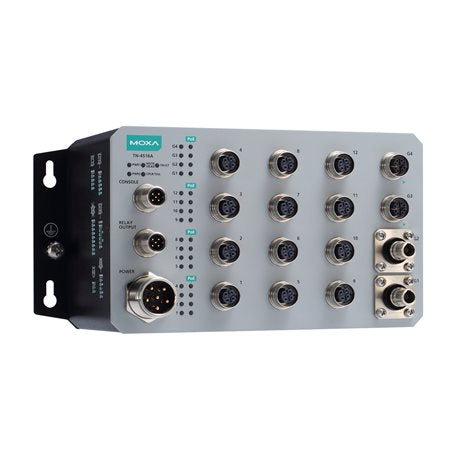 Moxa TN-4516A-12PoE-2GPoE-2GODC-WV-T | Rugged Managed Switch, 12 PoE M12 Fast Ethernet, 2 PoE GbE M12, 2 Fiber Q-ODC, Dual 24–110VDC, -40 to 75°C