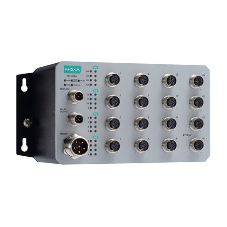 Moxa TN-4516A-12PoE-2GPoE-2GTXBP-WV-T | Layer 2 Managed Switch, 12 PoE M12 Fast Ethernet, 2 PoE GbE M12, 2 GbE M12 Bypass, Dual 24–110VDC, -40 to 75°C