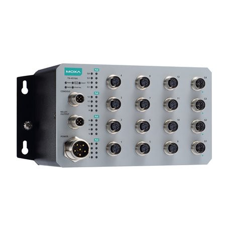 Moxa TN-4516A-12PoE-4GPoE-WV-T | Layer 2 Managed Switch, 12 PoE M12 Fast Ethernet, 4 PoE GbE M12, Dual 24–110VDC, -40 to 75°C