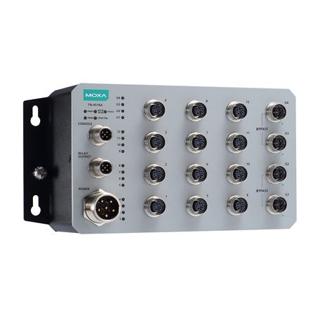 Moxa TN-4516A-4GTXBP-WV-CT-T | Rugged Managed Switch, 12 Fast Ethernet, 4 GbE M12 Bypass, Dual 24–110VDC, -40 to 75°C, Conformal Coating