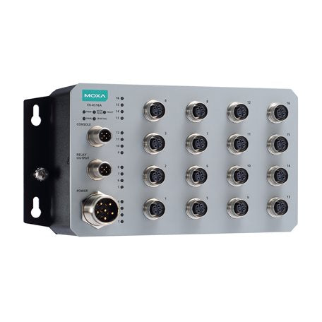 Moxa TN-4516A-4GTX-WV-CT-T Managed Ethernet Switch With 12 10/100Baset(X) Ports, And 4 10/100/1000Baset(X) Ports With M12 Connectors, Dual Redundant Power Inputs (24 To 110 Vdc), -40 To 75C Operating Temperature, Conformal Coating