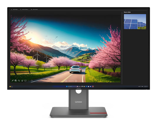 Lenovo thinkvision p32ud-40 31.5in 4k uhd ips monitor with sleek black frame displaying vibrant cherry blossom wallpaper