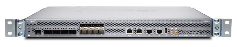 Silver metal rack-mountable juniper jnp204-chas network switch with multiple ports and ventilation grilles front view