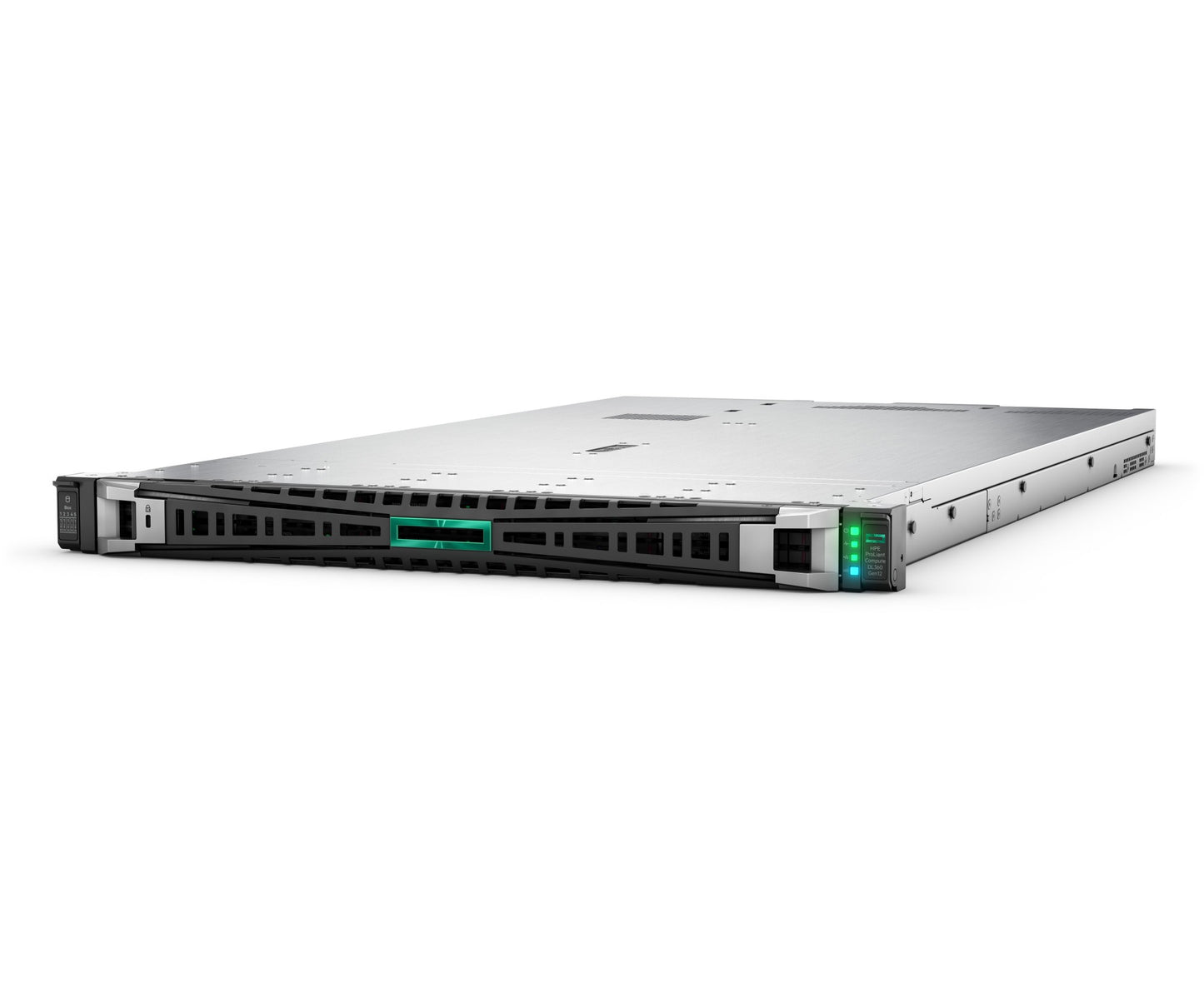 Silver and black hp proliant dl380 gen10 server rack unit with green led indicators for high performance computing