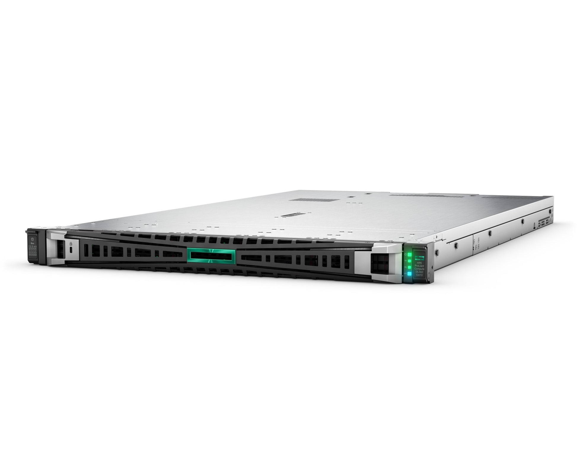 Silver and black hp proliant dl380 gen10 server rack unit with green led indicators for high performance computing