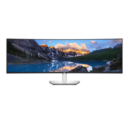 Dell UltraSharp U4924DW 49’’ 5K ultrawide monitor with silver frame and mountain lake display