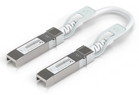 Ubiquiti UACC-UPLINK-SFP28-0.15M-10 silver SFP+ modules with white fiber cables