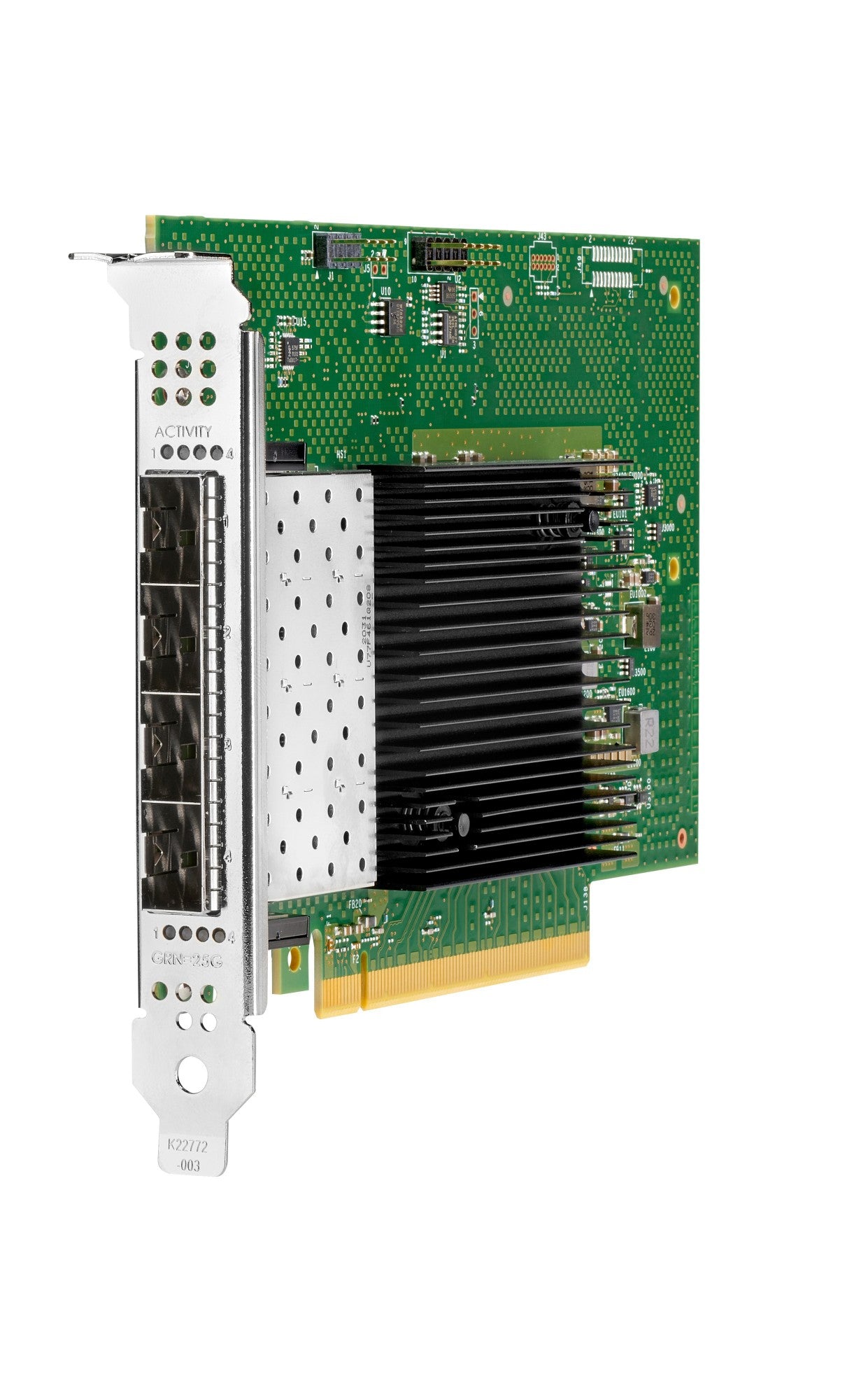 Green hpe p75068-b21 intel e810 pcie 4.0 network card with eight silver sfp+ ports and black heat sink